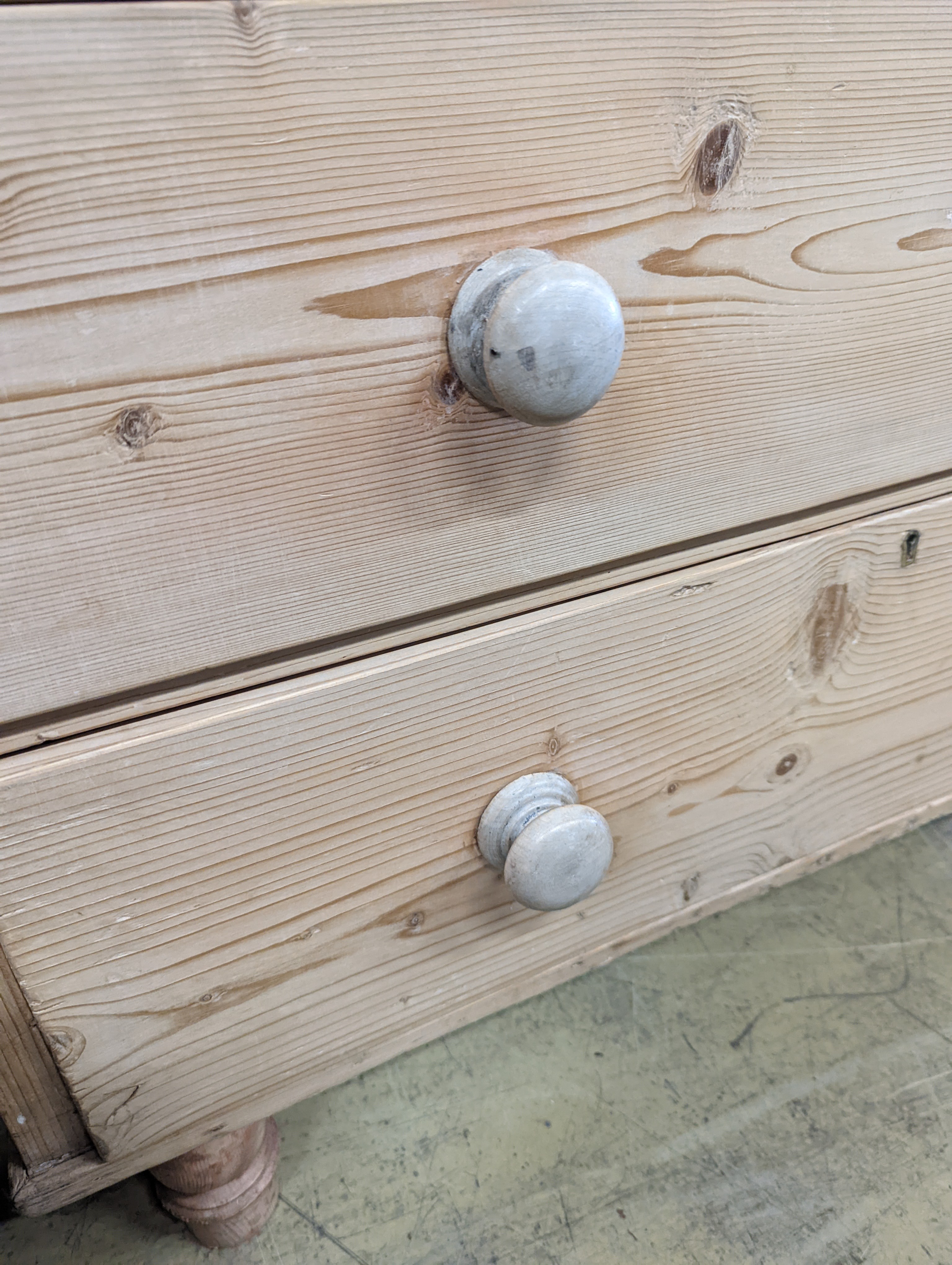 A Victorian pine chest of two short and three long drawers, width 94cm, depth 44cm, height 96cm
